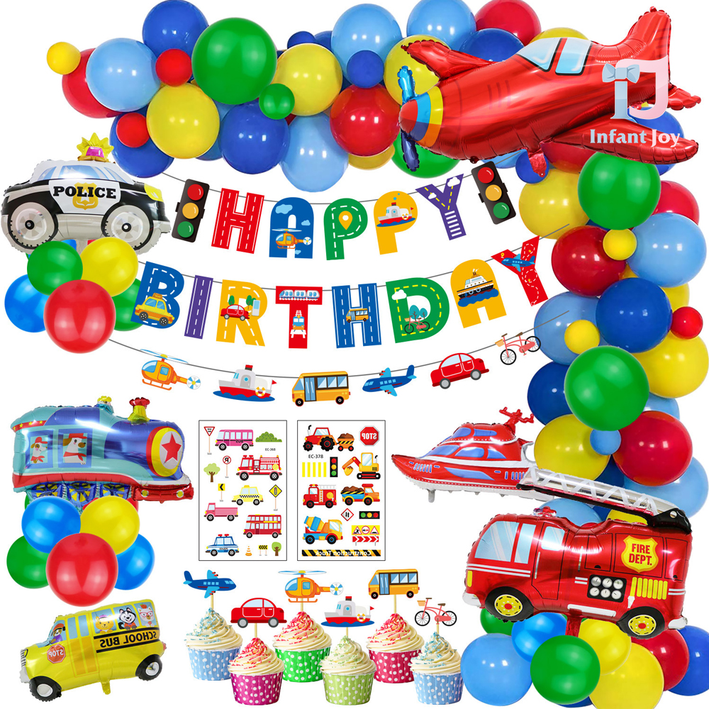 61-częściowy gigantyczny zestaw balonów, papierowych akcesoriów i dekoracji wiszących Happy Birthday Ultimate Transportation