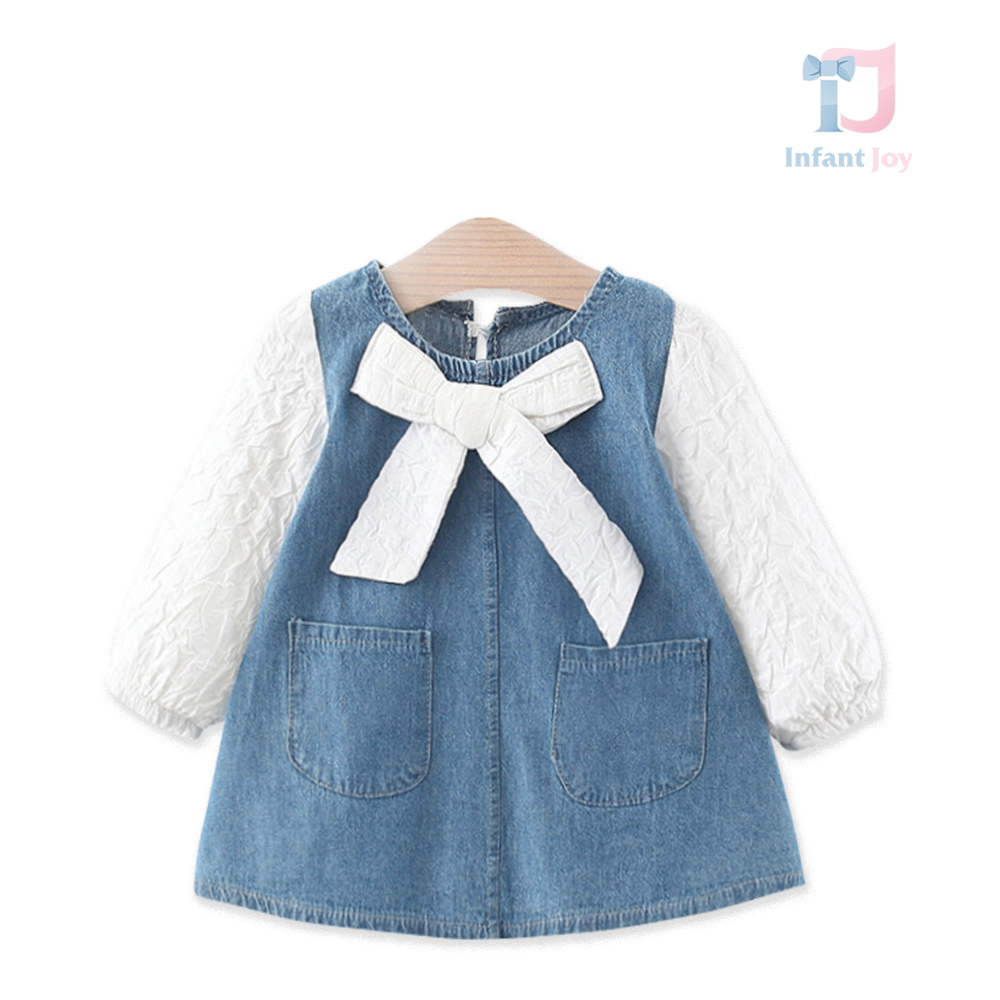 Sukienka jeansowa z białym krepem i kokardą Denim Bonbon