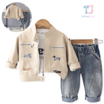 3-częściowy komplet z haftowaną kurtką ze skóry ekologicznej, bluzką i spodniami jeansowymi Fashion Dogs Beige