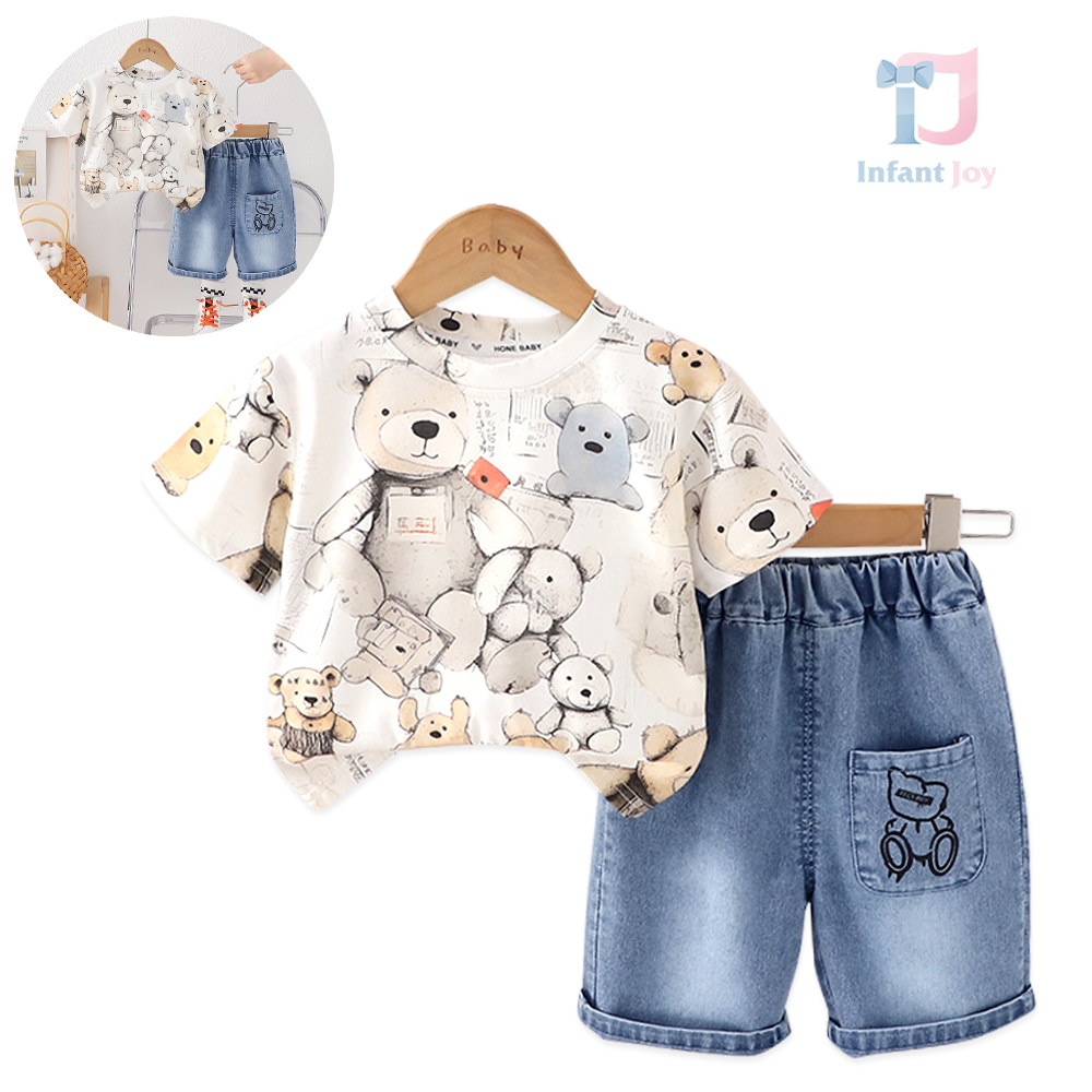 Koszulka 2-częściowa z wieloma misiami i krótkimi spodniami dżinsowymi Bear Buddy White
