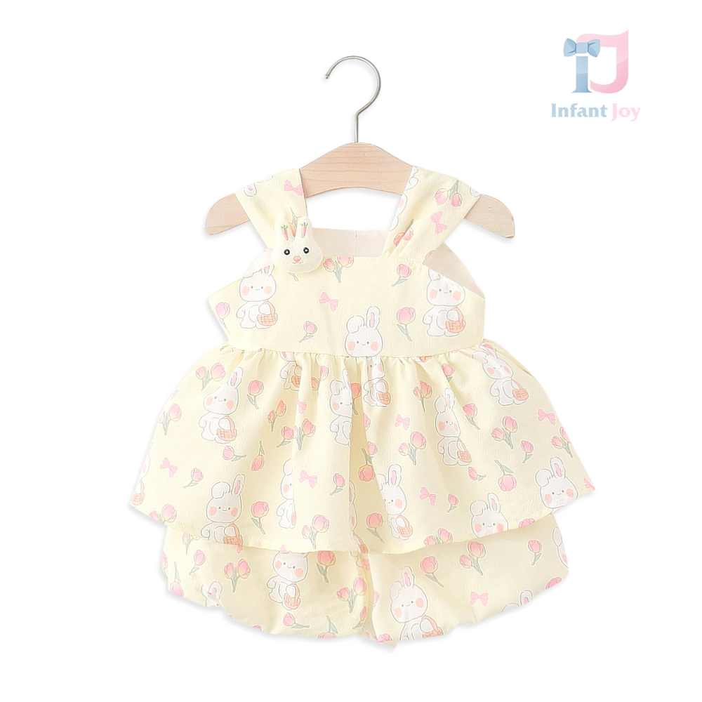 Dwuczęściowy top o kroju litery A z marszczeniami, trójwymiarowym króliczkiem i krótkimi spodenkami dwuwarstwowymi Blush Sunny Bunny