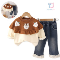 Komplet 2-częściowy z pikowanymi elementami 3D i spodniami jeansowymi Chic Bear Ruffle