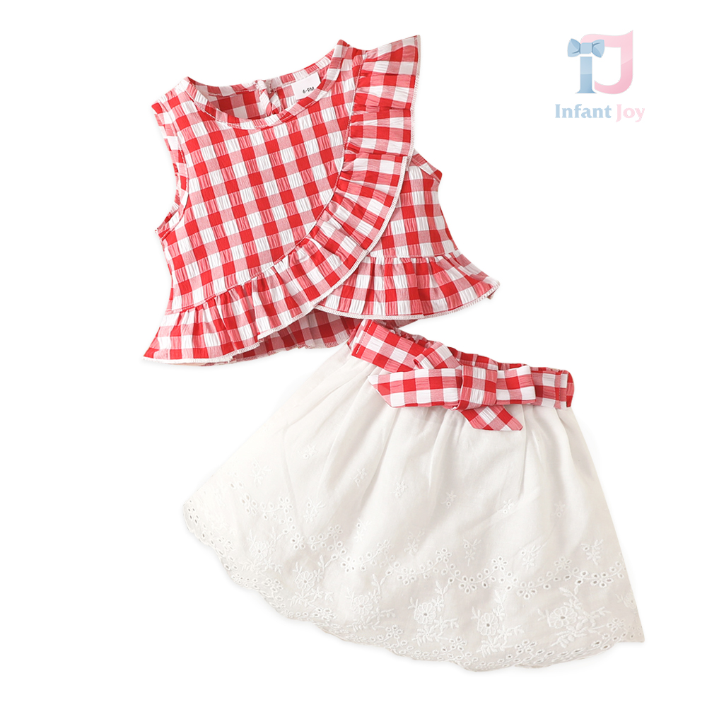 Komplet Spektakularny Top z Lokami, Spódnica z Bawełnianej Koronki i Pasek French Dreamland Red – 2 sztuki