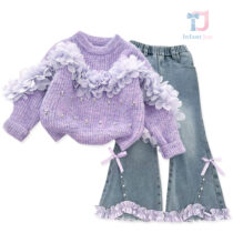 2-piece premium sweater with voluminous decoration, sparkling stones and denim charleston trousers Lilac Fairy