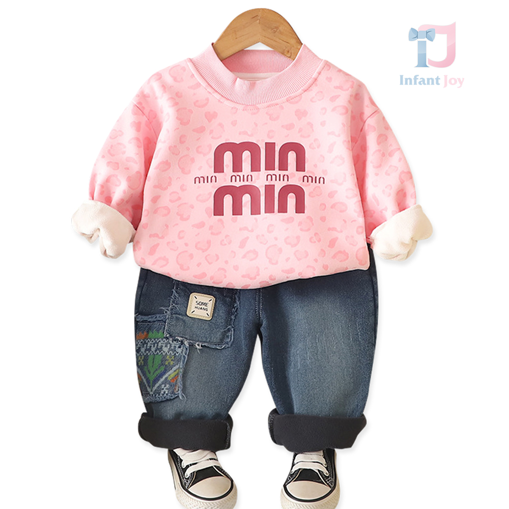 Komplet 2-częściowy: bluza/bluza z nadrukiem w panterkę i spodnie jeansowe Mini Panther Pink