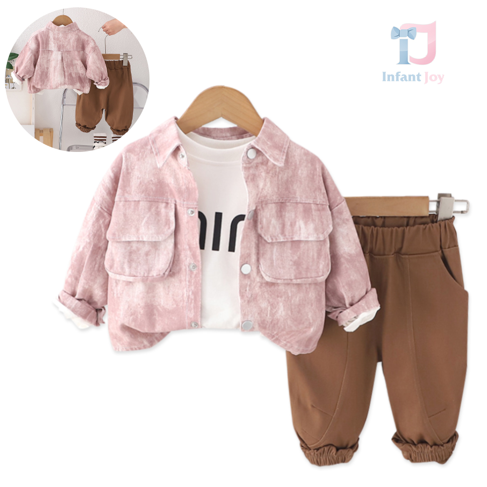3-częściowy nowoczesny komplet z koszulą klasyczną, kieszeniami, bluzką i spodniami Neutral Vibes Pink