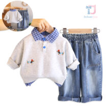 Bluza/bluza sportowo-elegancka dwuczęściowa z klasycznym kołnierzykiem, haftem i spodniami jeansowymi Pupyy Mood