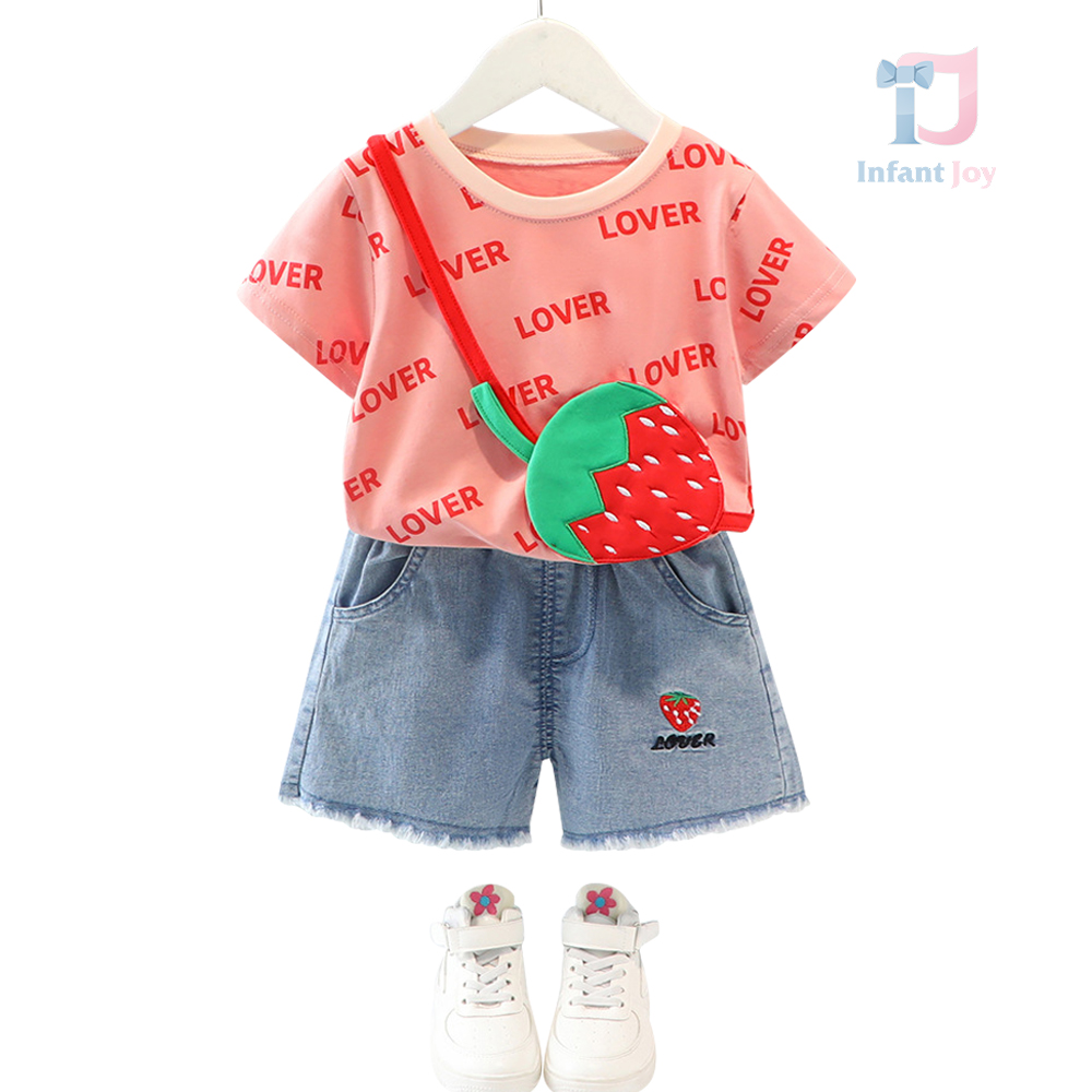 Komplet 2-częściowy z denimu, haftem i dołączoną małą torebką 3D Strawberry Lover
