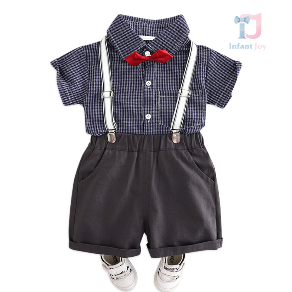 4-częściowy formalny komplet z koszulą w kratę, spodniami, szelkami i muszką Eleganckie szelki