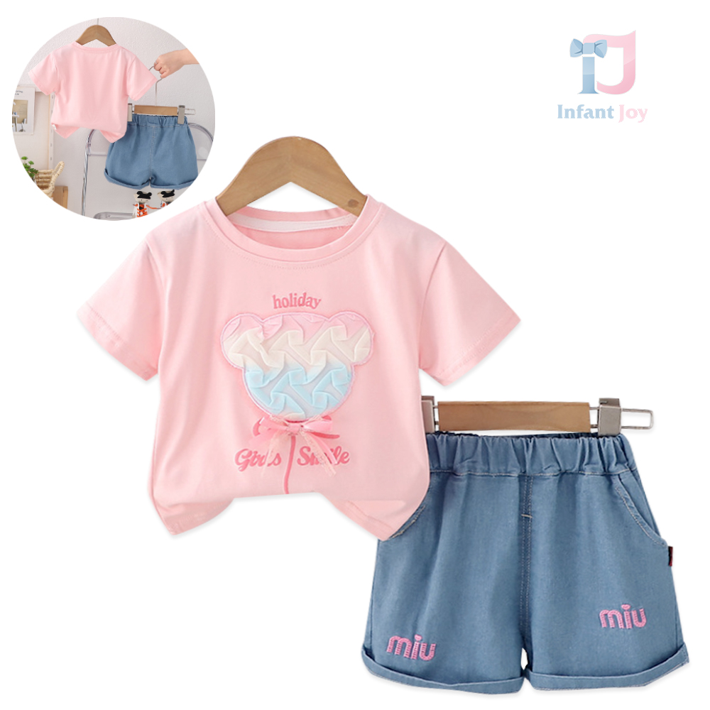 2-częściowy komplet z haftem i przyciągającymi wzrok elementami 3D Summer Bear Delight Pink