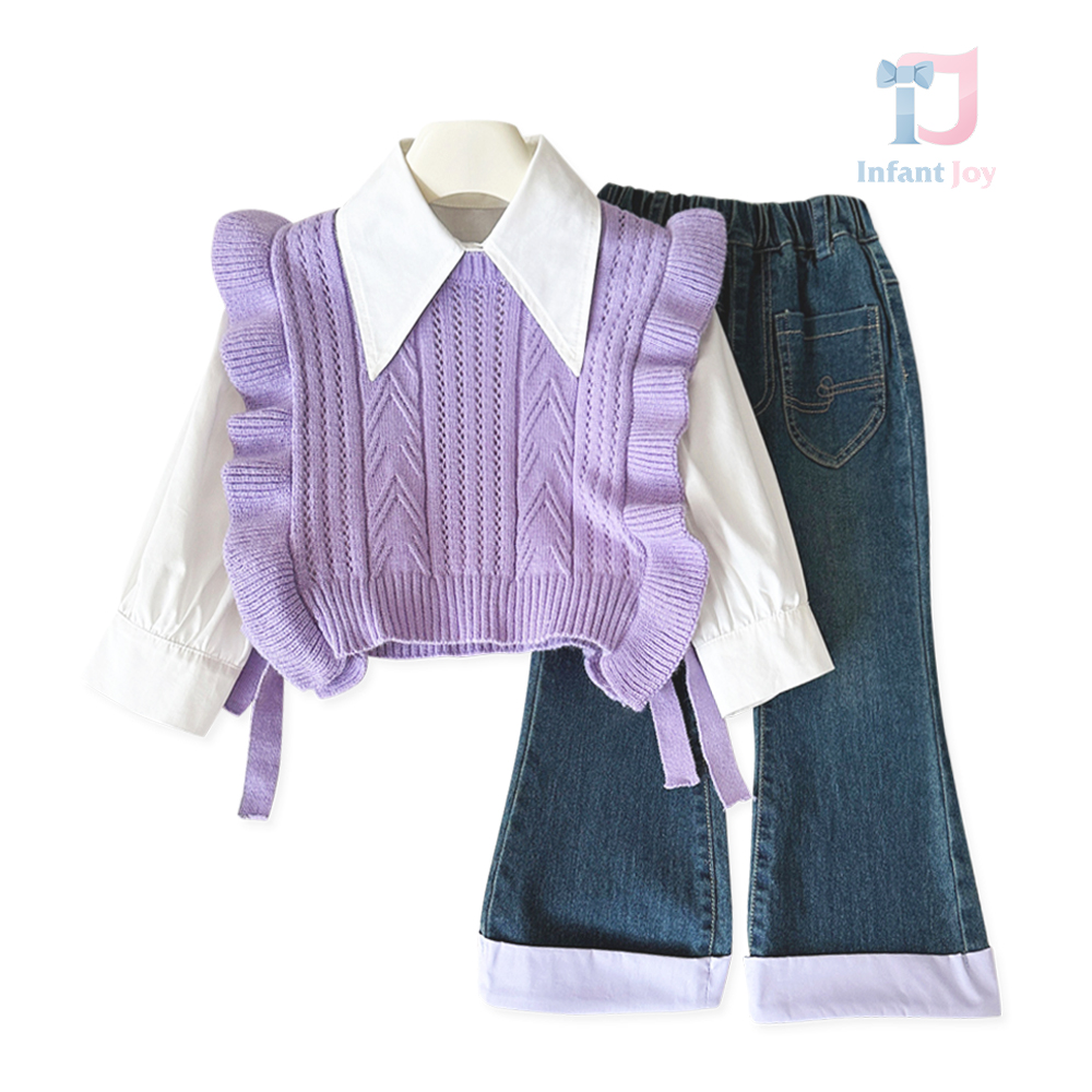 3-częściowy komplet Premium: kamizelka, koszula z ekstrawaganckim kołnierzykiem i spodnie jeansowe Sweet Scarlet Lilac