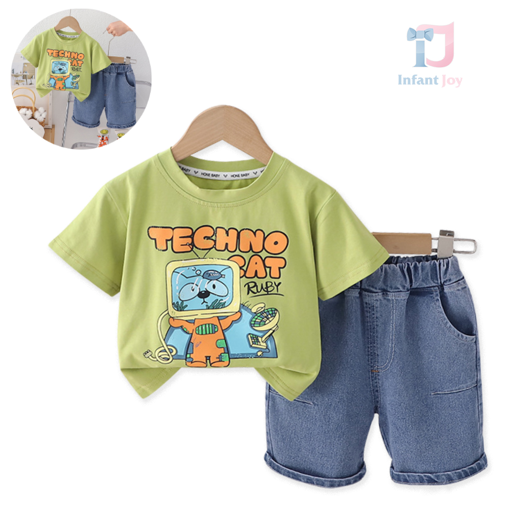 Komplet 2-częściowy: koszulka i krótkie spodnie jeansowe Techno Cat Green