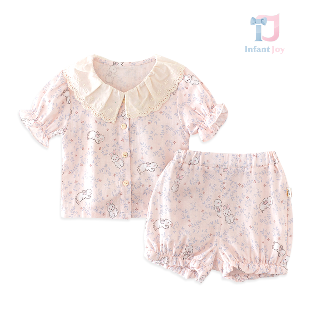 Dwuczęściowy komplet z bufiastymi rękawami, koronką bawełnianą i szortami Vintage Bunnies