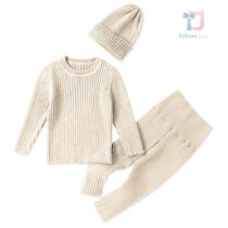 3-częściowy komplet z dzianiny ściągaczowej z czapką Rustic Knit Beige