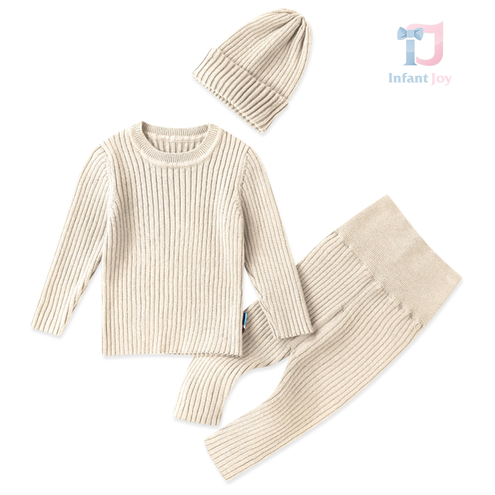 3-częściowy komplet z dzianiny ściągaczowej z czapką Rustic Knit Beige