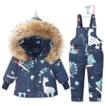 2-częściowy nieprzemakalny komplet narciarski premium z kombinezonem na szelkach i kurtką z kapturem z naturalnym futrem Dinos Snow DarkBlue