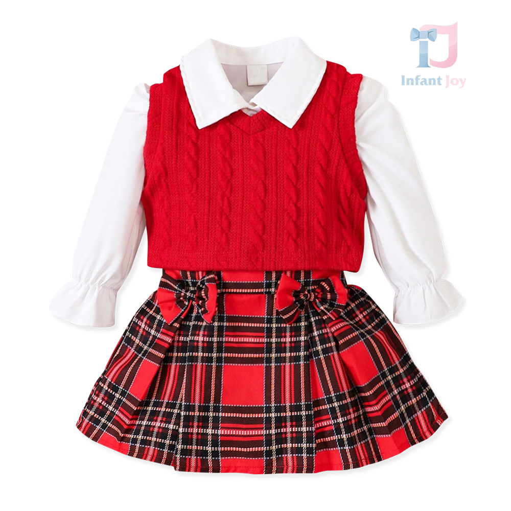 Elegancki komplet 3-częściowy z dzianinową kamizelką, koszulą z klasycznym kołnierzykiem i spódnicą w kratę Red Velvetie