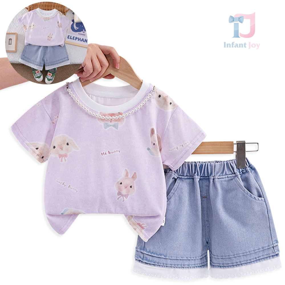 3-częściowy komplet składający się z koszulki i szortów jeansowych z wieloma króliczkami Hi Bunny Lilac