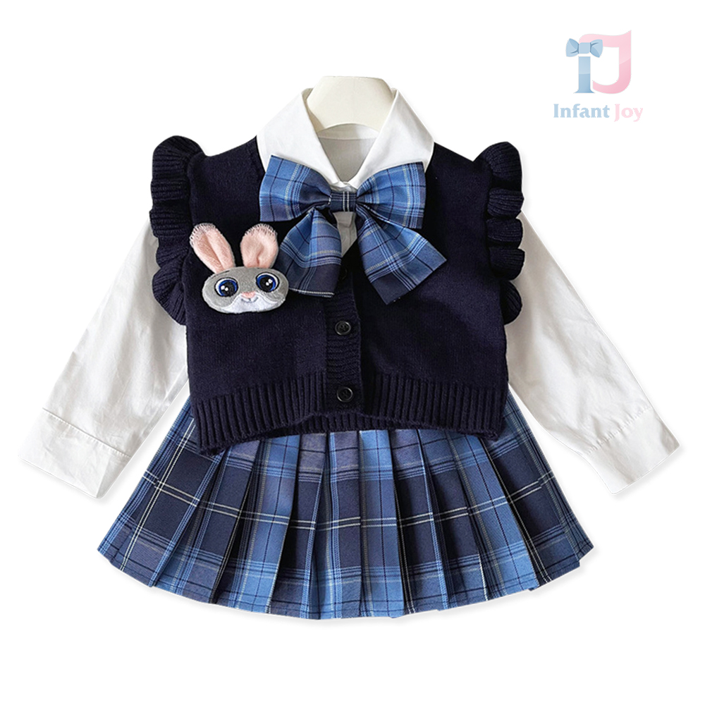 4-częściowy elegancki komplet premium z dzianinową kamizelką, koszulą, plisowaną spódnicą i odpinaną kokardą School Bunny