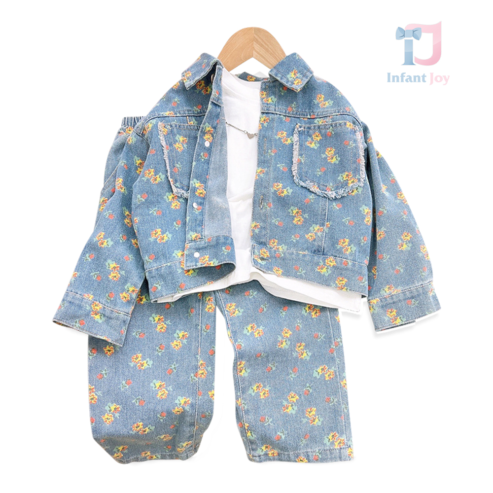 Komplet 2-częściowy składający się z kurtki i spodni jeansowych z kwiatowym wzorem i klasycznym kołnierzykiem Denim Bouquete