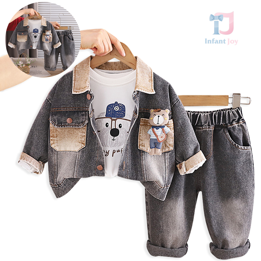 3-częściowy komplet z kurtką jeansową z klasycznym kołnierzem, elementem 3D, bluzką i spodniami Special Bear