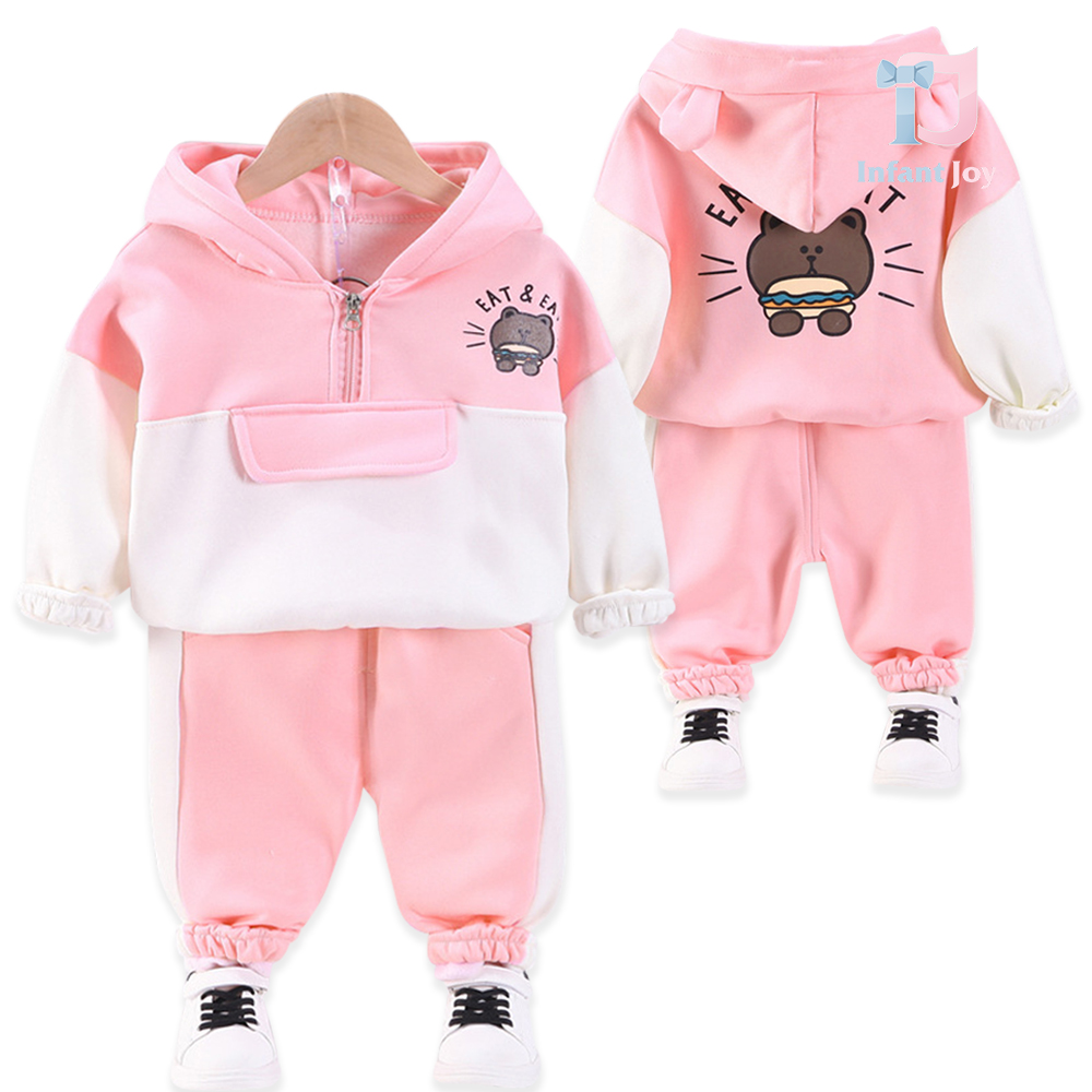Komplet dresowy 2-częściowy z bluzą z kapturem, nadrukiem i spodniami Eat Bear Pink