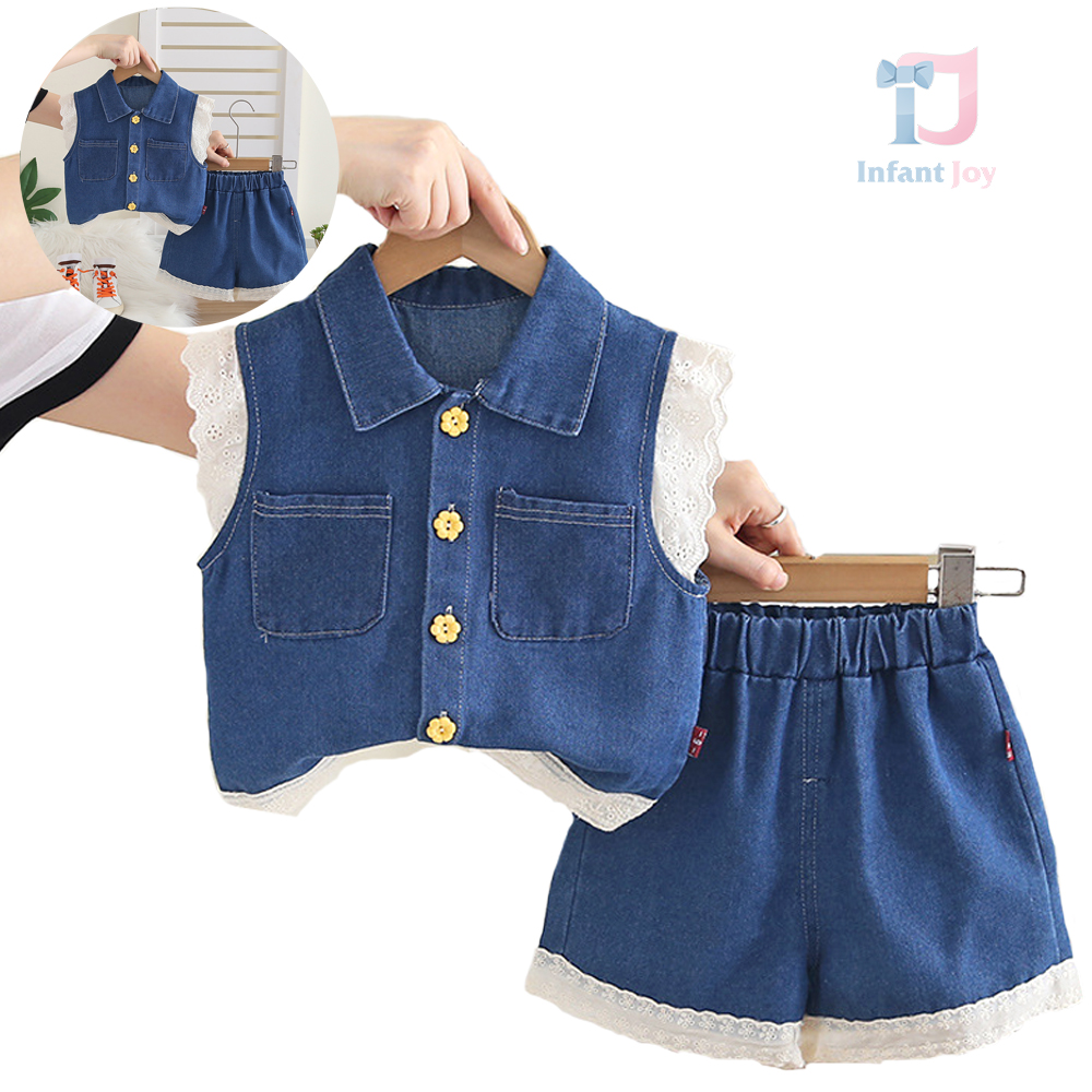 Dwuczęściowy komplet z dżinsu: kamizelka i szorty z koronkowymi akcentami Lace Reverie Navy