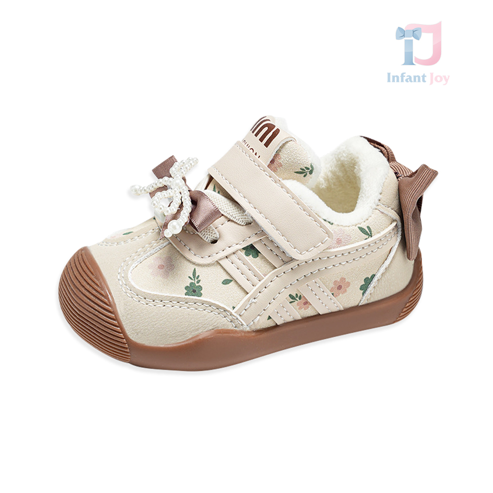 Buty z wzmocnionym noskiem, perłową kokardką i zapięciem na rzep Mini Fashion Beige
