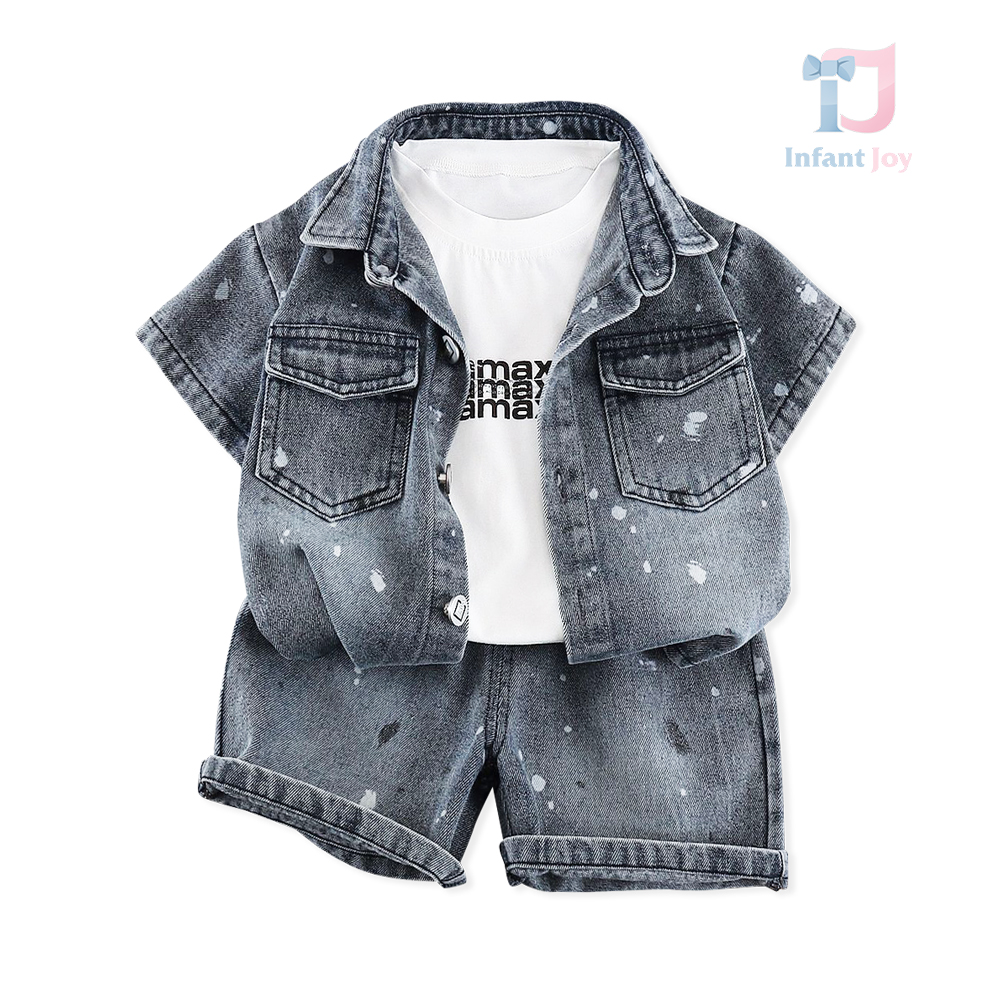 3-częściowy komplet jeansowy składający się z koszuli z klasycznym kołnierzykiem, koszulki T-shirt i spodenek Denim Max Grey