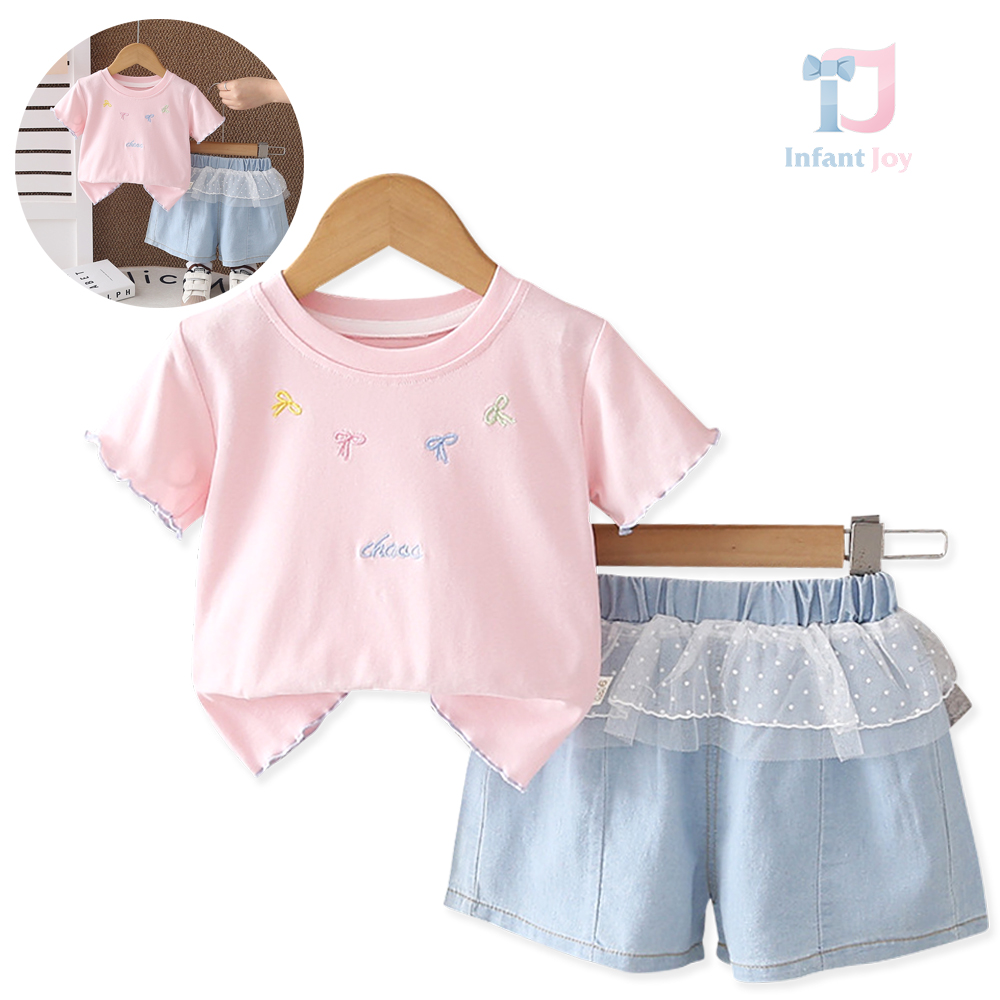 Dwuczęściowa koszulka z haftem i krótkie spodnie jeansowe z falbankami z tiulu Bella Chao Pink