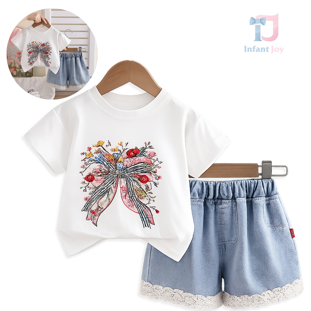 Dwuczęściowa koszulka z nadrukiem, kokardą 3D i krótkimi spodniami jeansowymi z koronką Floral Poem White