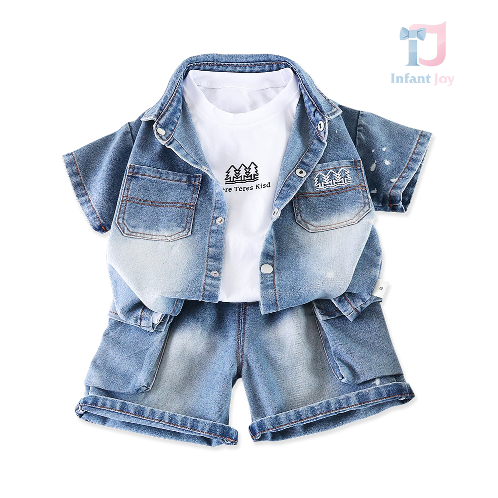 3-częściowy komplet z koszulą jeansową z klasycznym kołnierzykiem, koszulką T-shirt i krótkimi spodniami typu cargo Aether Kids