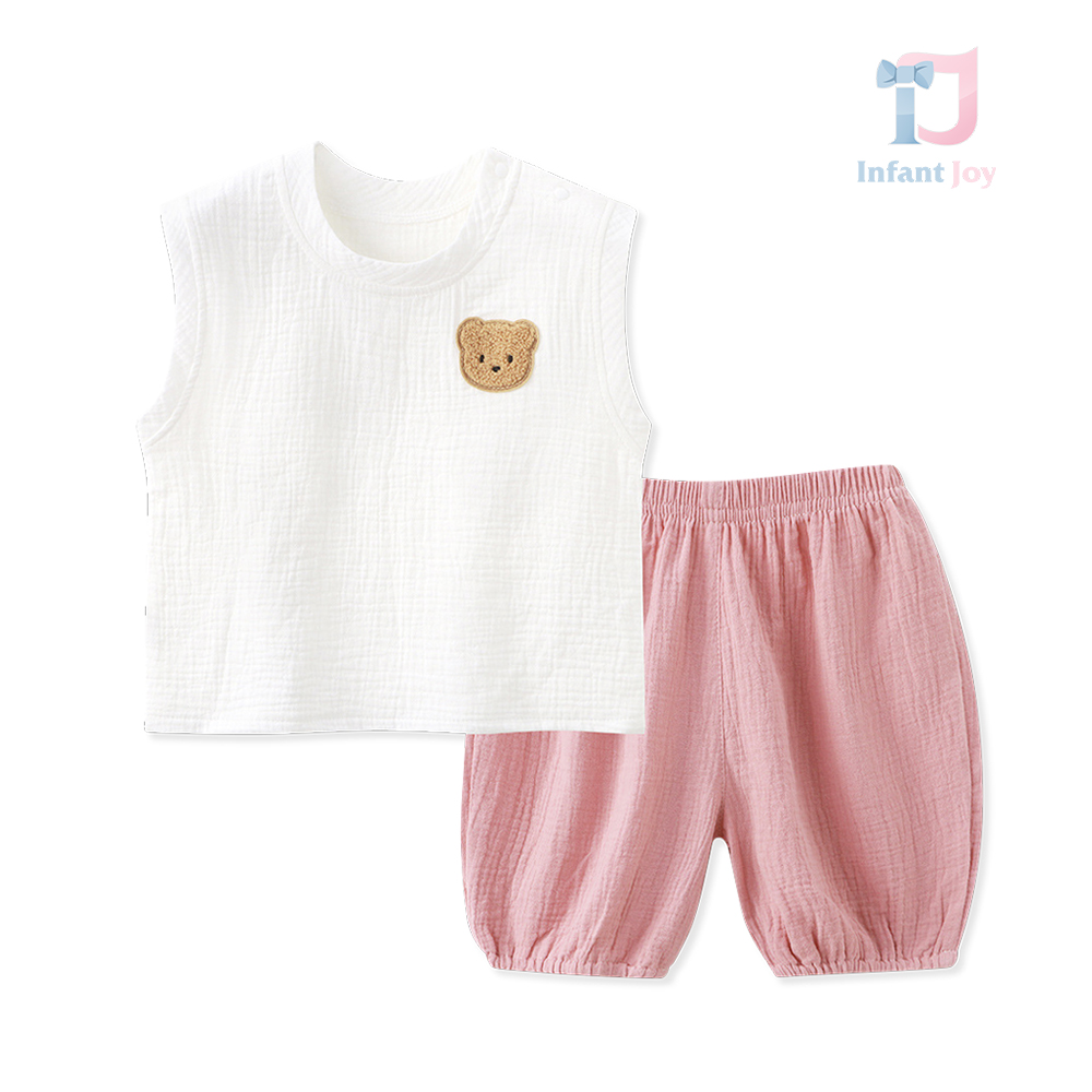 Dwuczęściowy komplet z muślinu: top i spodenki z pluszową aplikacją Cielito Bear Pink