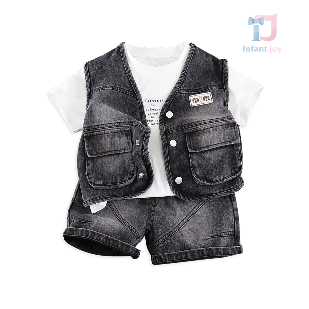 3-częściowy zestaw: kamizelka dżinsowa z klasycznym kołnierzykiem, koszulka i spodenki Denim MM