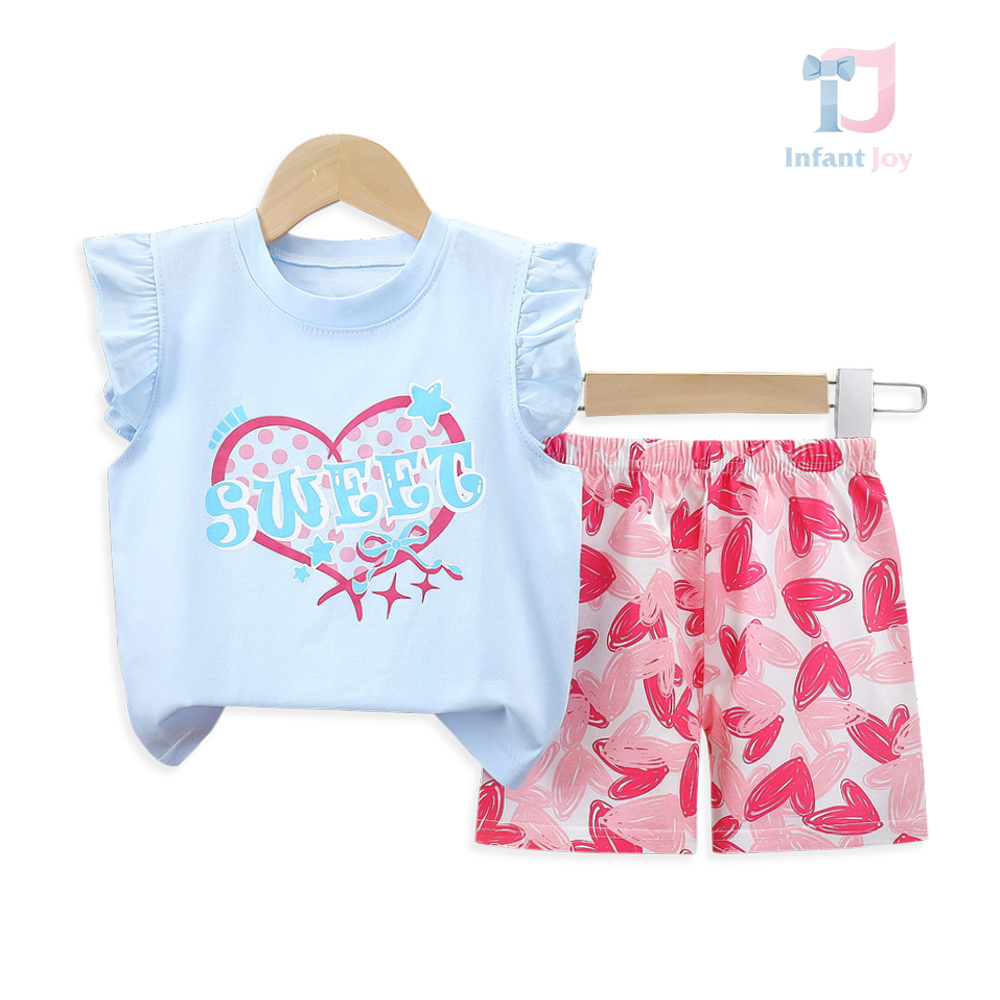 Dwuczęściowy top z nadrukiem i falbankami oraz wzorzyste szorty Magic Heart