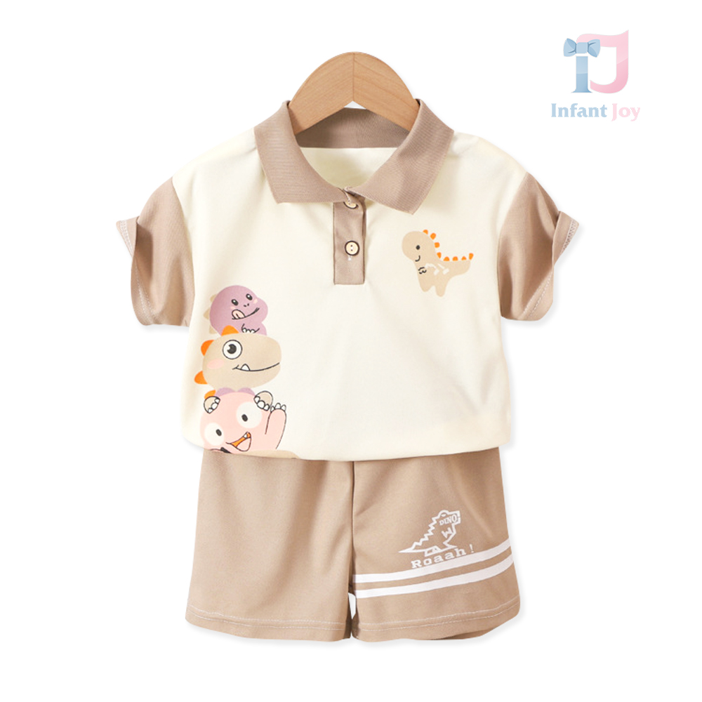 Dwuczęściowa koszulka z klasycznym kołnierzykiem, nadrukami i spodenkami Roar Friends Beige
