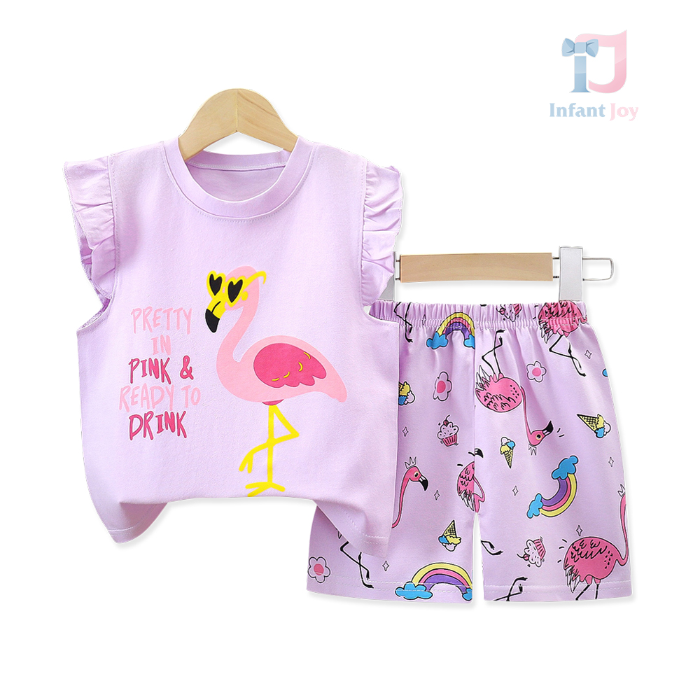 Dwuczęściowy top z nadrukiem, falbankami i szortami ze wzorem Magic Flamingo