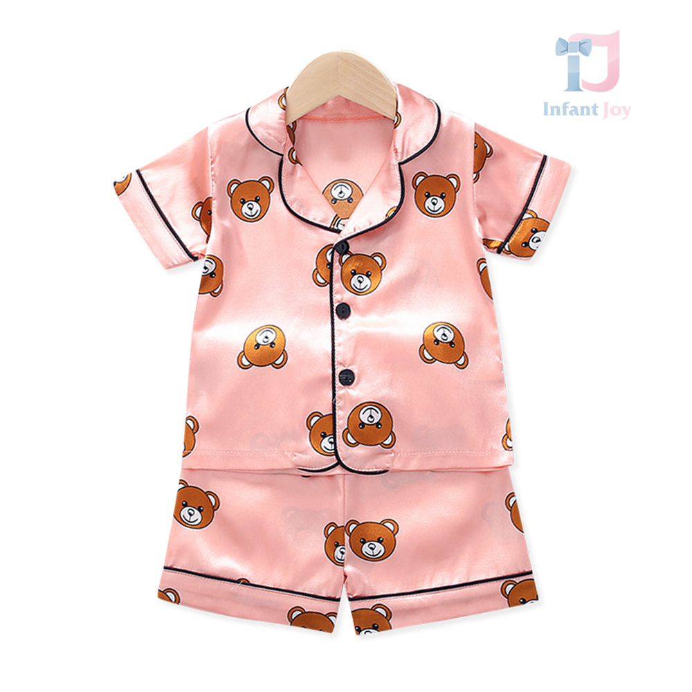 2-częściowy satynowy komplet piżamowy z nadrukiem misia Pink Bear