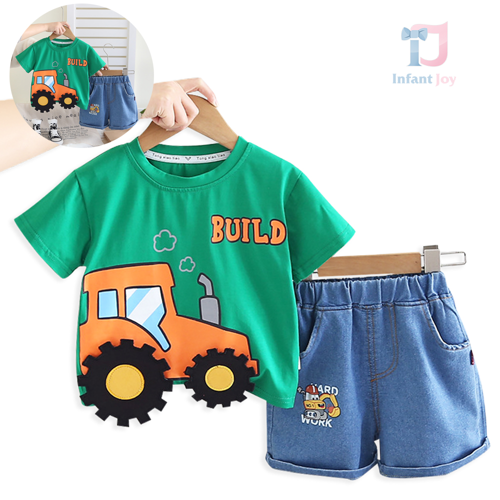 Komplet 2-częściowy: koszulka z elementami 3D i spodenki jeansowe Tractor Denim Build Green