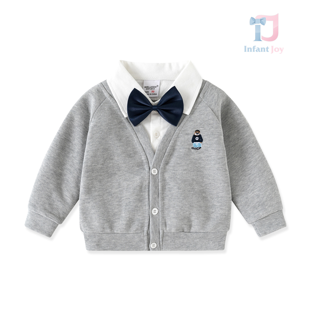 2-częściowy komplet z dzianinowym kardiganem z doszytą koszulą, haftem i odpinaną muchą Tiny Gentleman