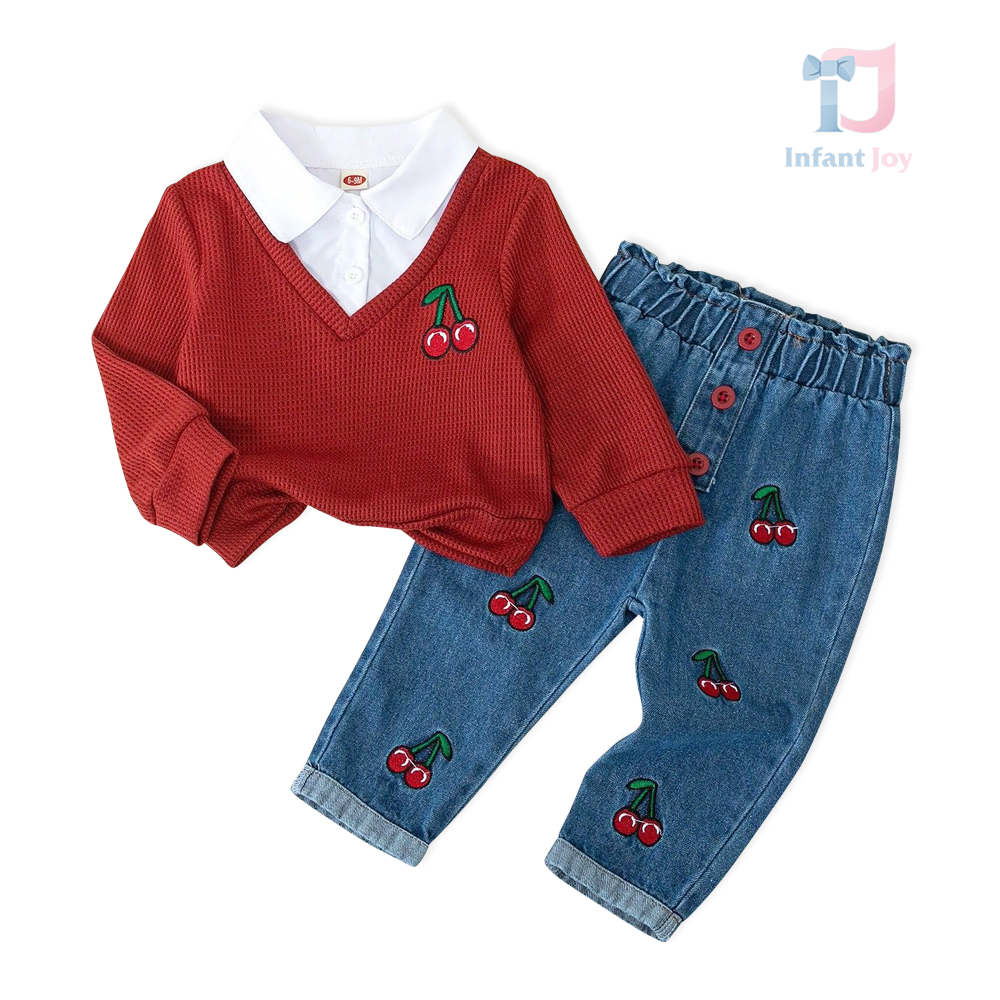 Bluzka dwuczęściowa z doszytą koszulą i spodniami jeansowymi Cherry Denim Red