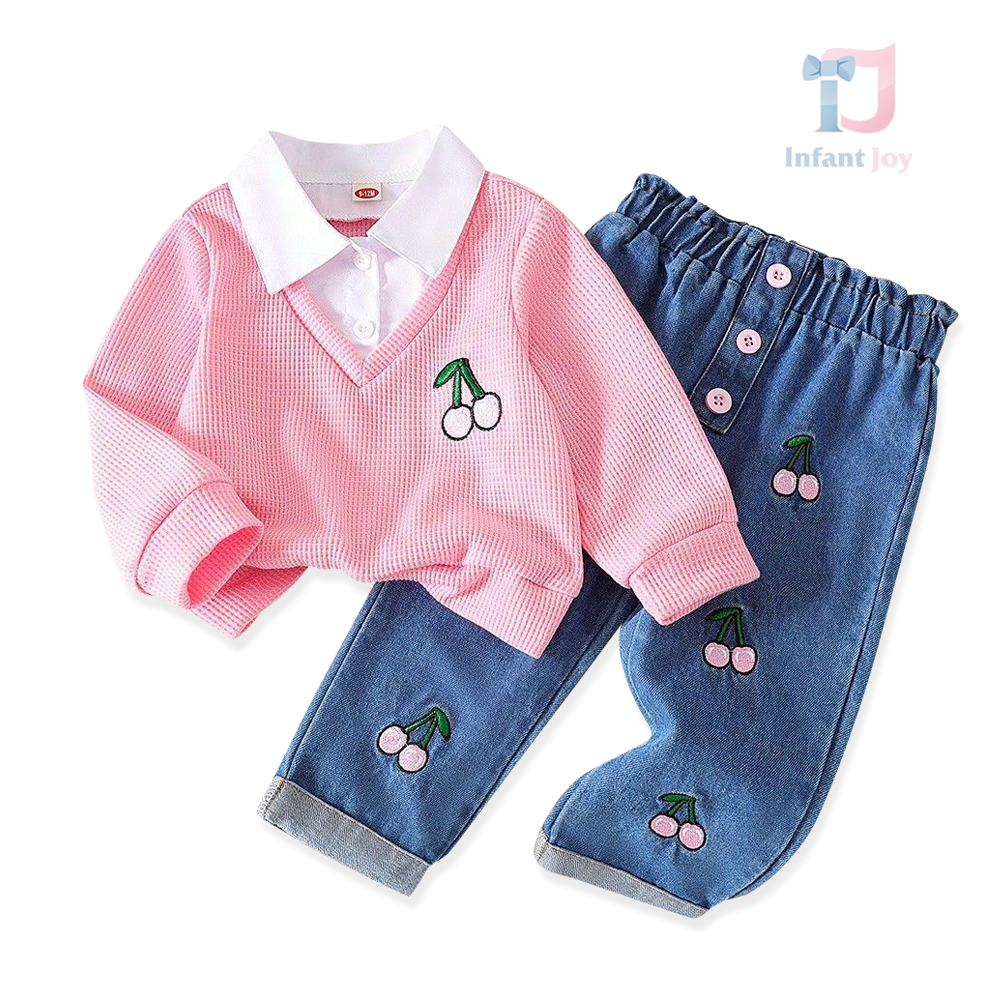 2-częściowy komplet z bluzką z doszytą koszulą i spodniami jeansowymi Cherry Denim
