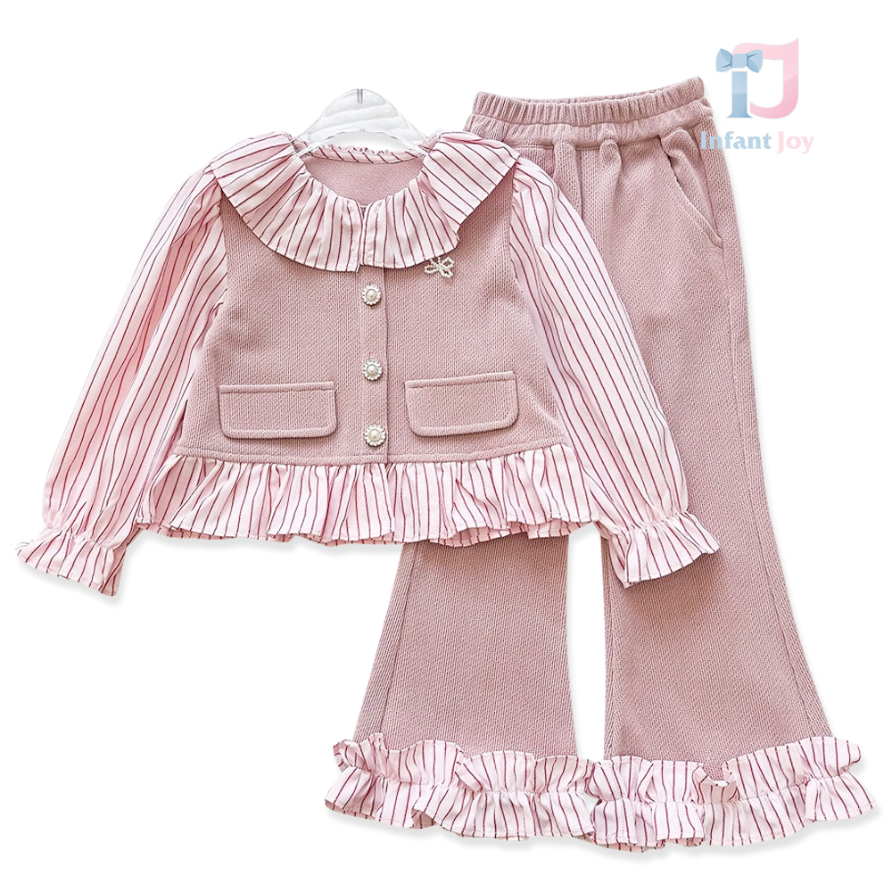 Elegancki komplet 3-częściowy składający się z koszuli z bufiastymi rękawami, wszytej kamizelki i spodni w stylu Charleston Classic Ruffles Pink