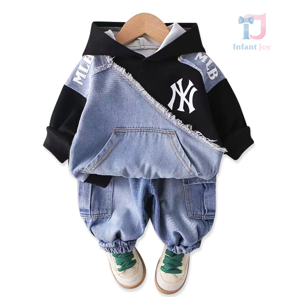 2-częściowy nowoczesny komplet składający się z bluzy z kapturem i spodni cargo z jeansu Mix Denim Dark