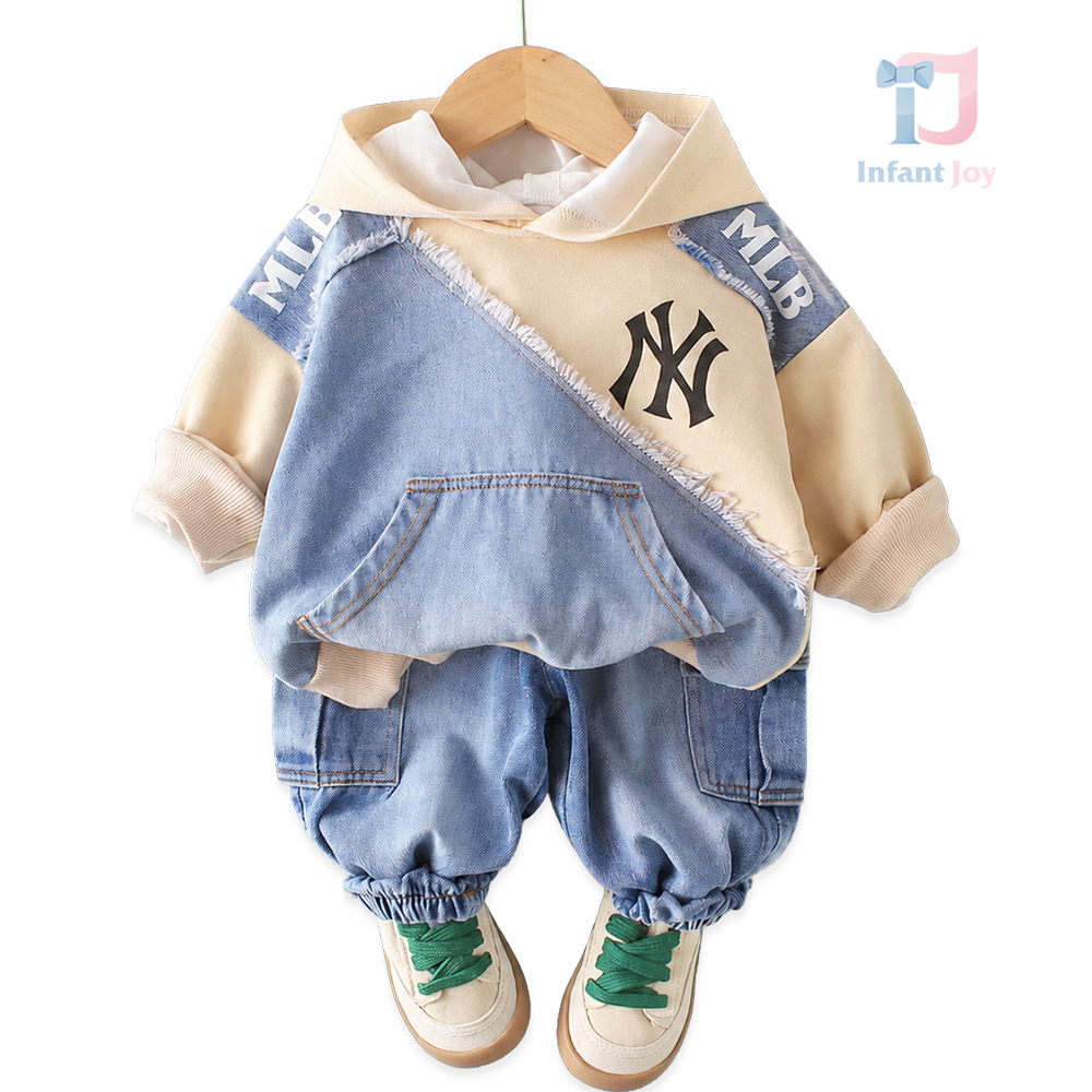 Modny komplet: bluza z kapturem i jeansowe spodnie cargo Mix Denim Beige – 2 części