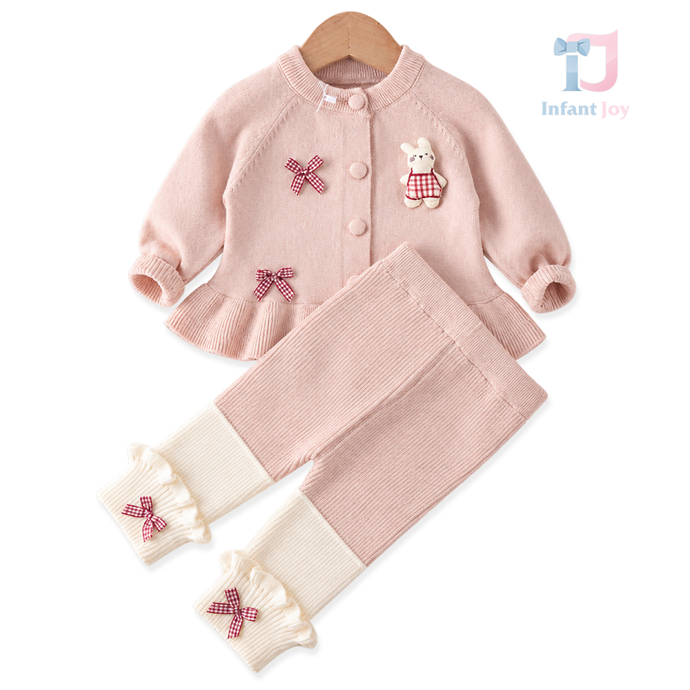 2-częściowy komplet dzianinowy z kardiganem z detalami 3D i legginsami z falbankami i kokardkami Bunny Berry Pink