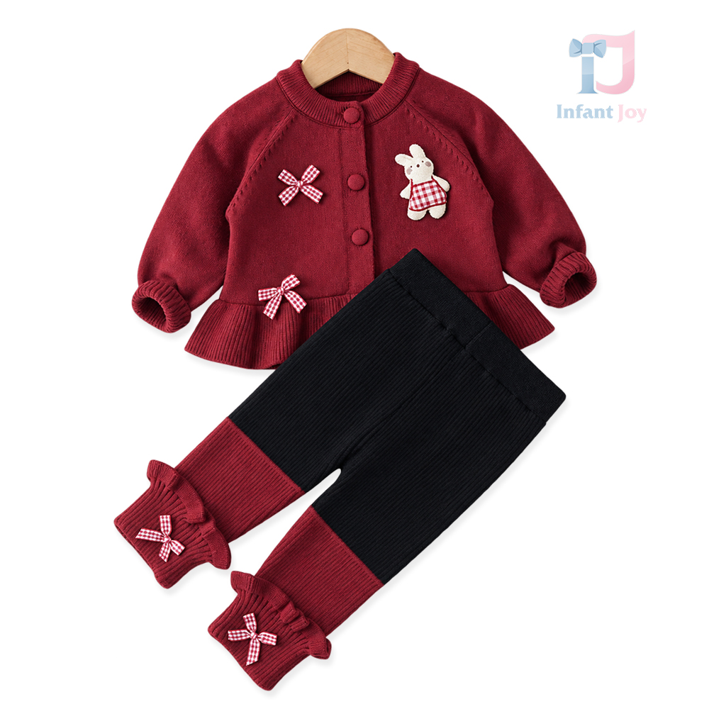 2-częściowy komplet dzianinowy z kardiganem z detalami 3D i legginsami z falbankami oraz kokardkami Bunny Berry