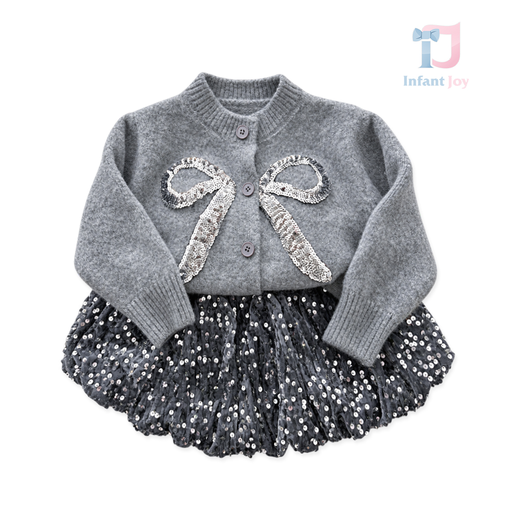 2-częściowy komplet premium z dzianinowym kardiganem i spódnicą z licznymi cekinami Twinkle Grace Grey