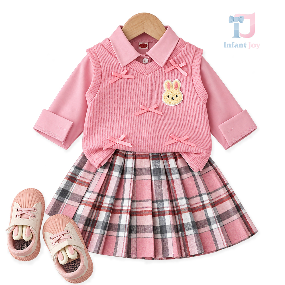 3-częściowy komplet z topem z kokardkami 3D, koszulą z klasycznym kołnierzykiem i plisowaną spódnicą Pink Teddy