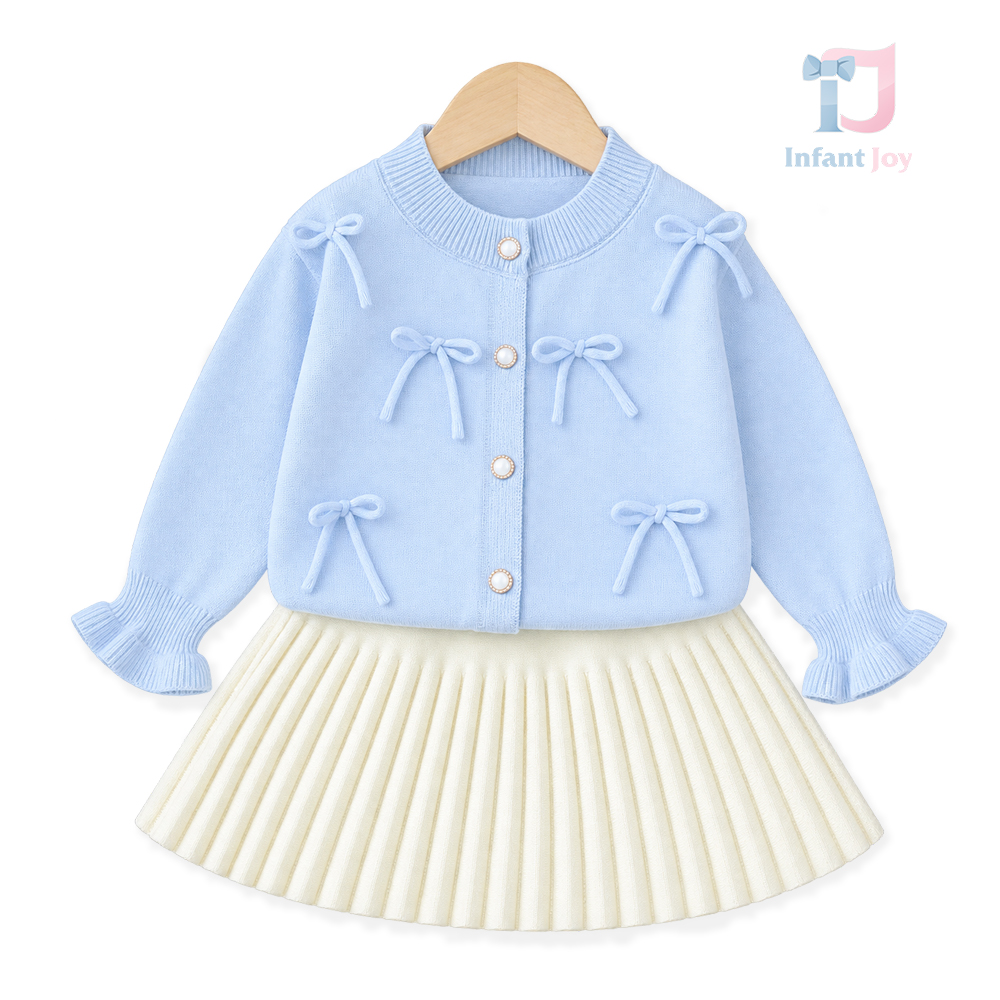 2-częściowy komplet dzianinowy z kardiganem z kokardkami 3D i plisowaną spódnicą Little Bows Blue
